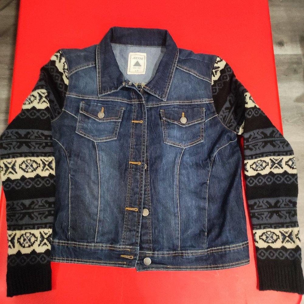 Ardene denim jeans jacket with knit sleeve women's size L